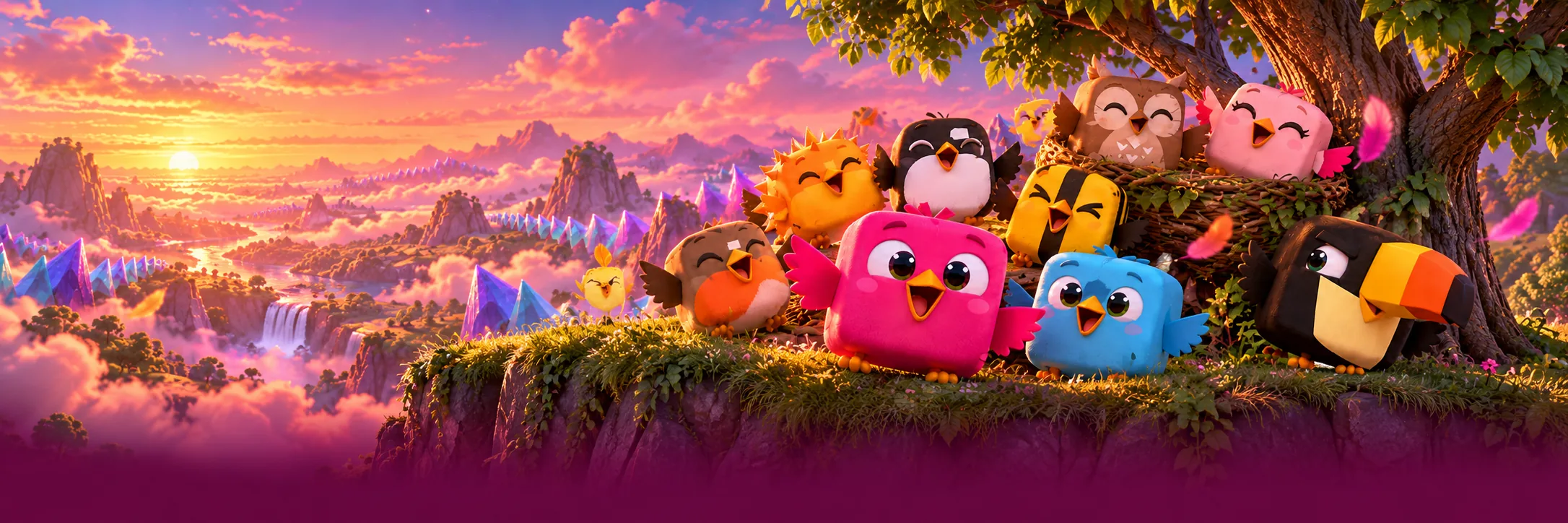 The Flappy Spikes flock on a cliff at dusk
